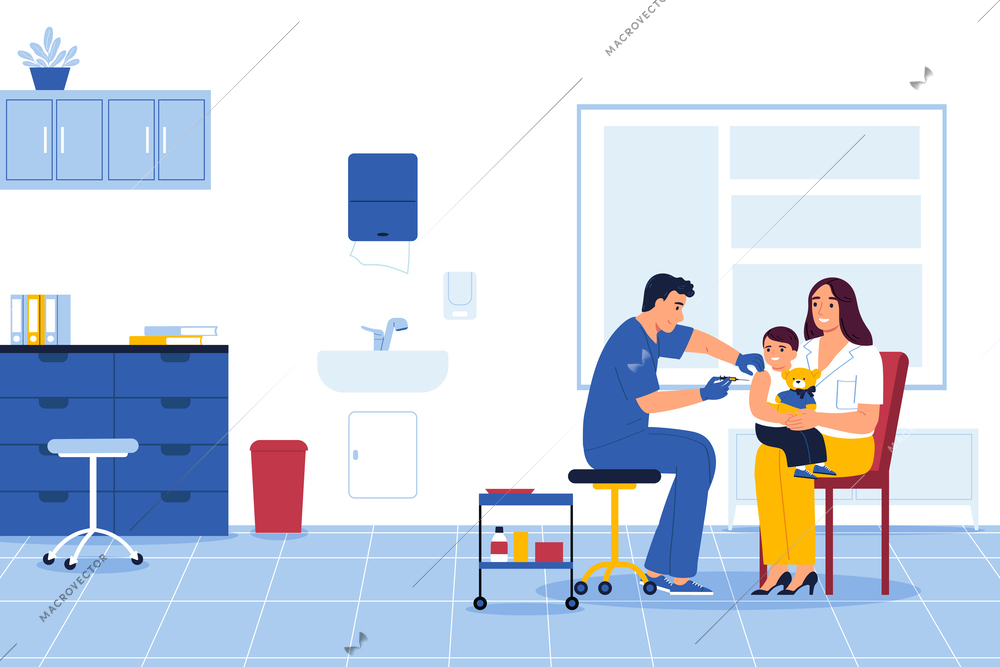 Vaccination flat concept with doctor making injection to toddler vector illustration