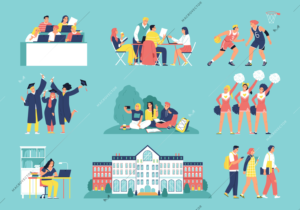 Students flat icons set with university campus life scenes isolated vector illustration