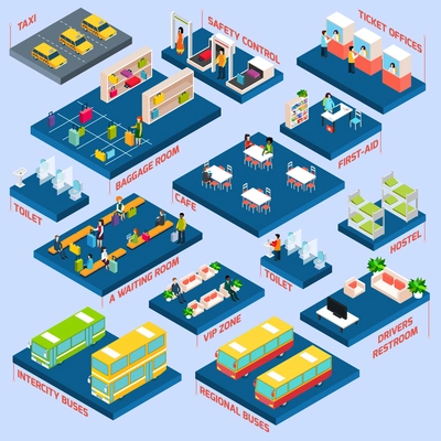 Bus station concept with isometric waiting baggage room toilets and cafe icons vector illustration