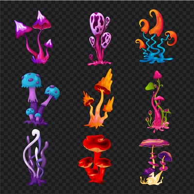 Psychedelic cartoon set of colorful magic trippy mushrooms isolated on dark transparent background vector illustration