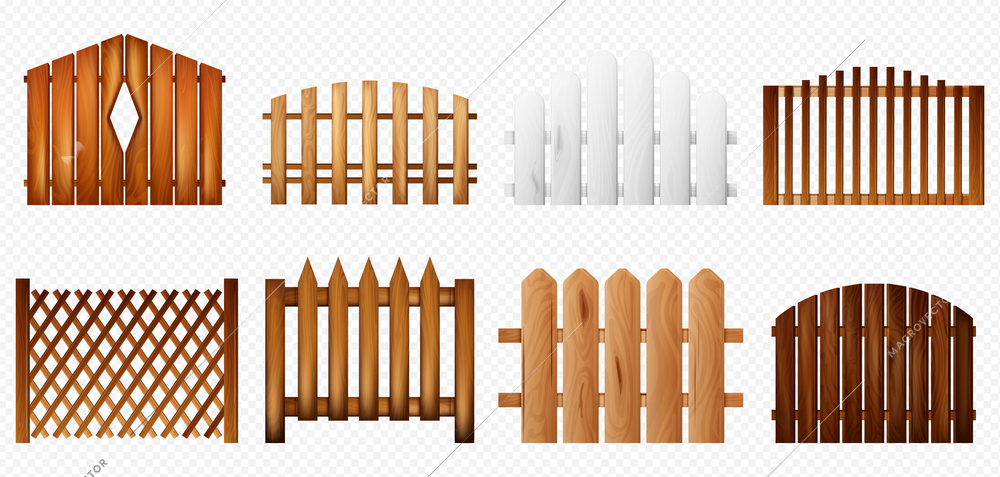 Wooden fence realistic set of different fencing sections isolated on transparent background vector illustration