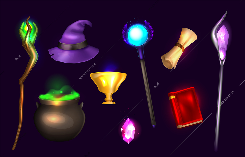 Wizard staff realistic set of alchemy book witch cauldron with magical potion magician hat at black background isolated vector illustration