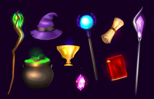 Wizard staff realistic set of alchemy book witch cauldron with magical potion magician hat at black background isolated vector illustration