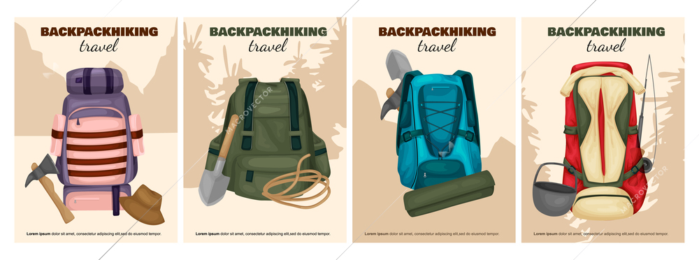 Backpack hiking flat colored posters set with travel backpacks and touristic equipment isolated vector illustration