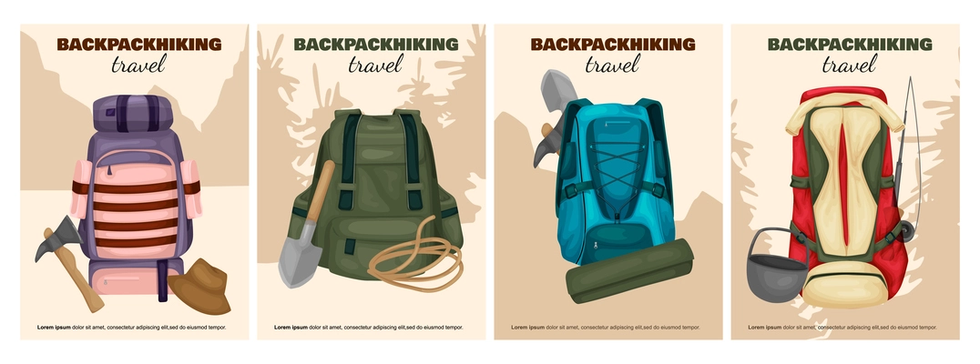 Backpack hiking flat colored posters set with travel backpacks and touristic equipment isolated vector illustration