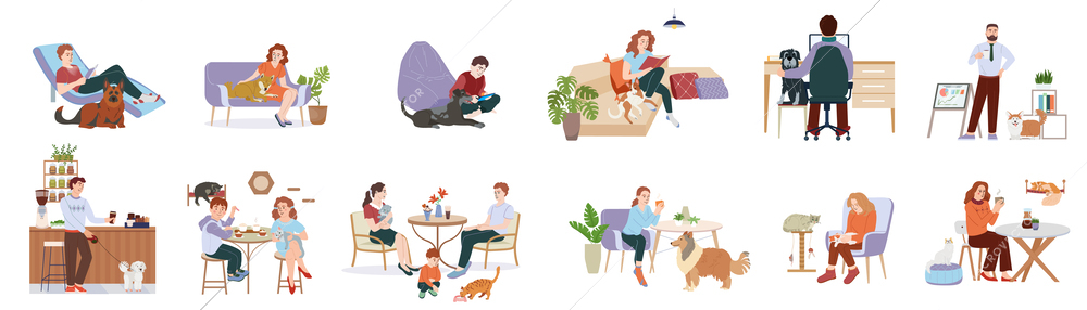 Pet friendly interior set with cafe and office symbols flat isolated vector illustration