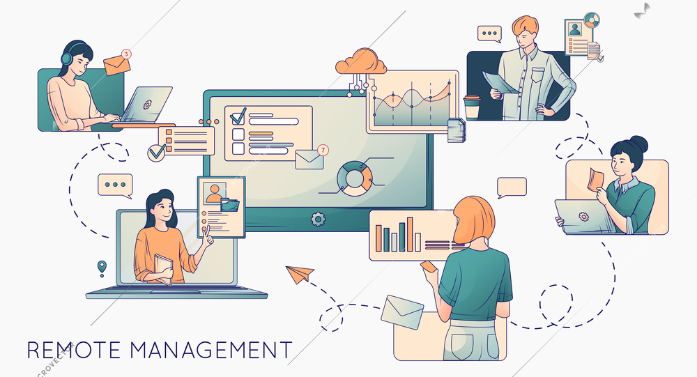 Remote management distant work flat line composition with cartoon style characters of freelance workers and pictograms vector illustration