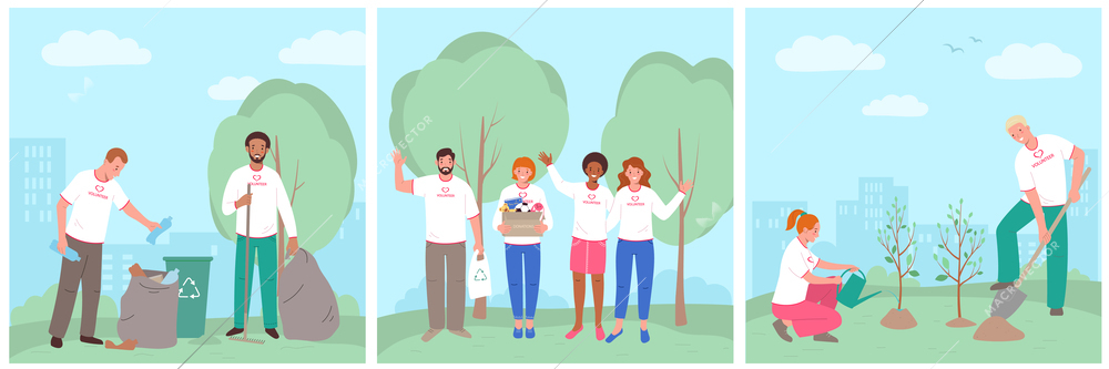 Flat volunteering set with group of happy volunteers cleaning area collecting donations and planting trees isolated vector illustration