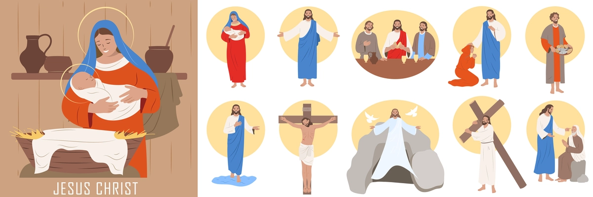 Jesus christ life from birth to resurrection flat composition set isolated vector illustration