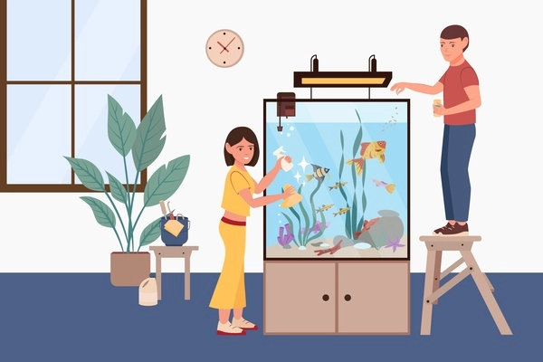 Aquarium clean care flat composition with woman and man wiping fish bowl glass and feeding fishes vector illustration