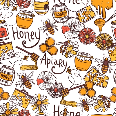 Honey apiary seamless pattern with sweet food flying bee wax vector illustration