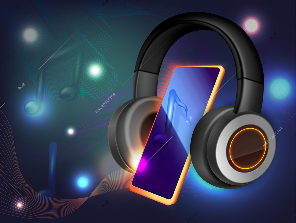 Earphones colorful shiny background with smartphone music notes and glowing lights realistic vector illustration