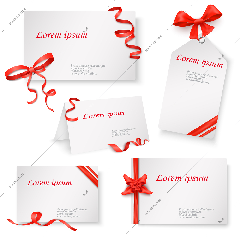 Gift or presentation cards with red ribbons and bows realistic set isolated vector illustration