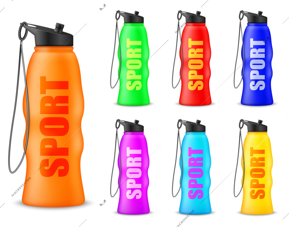 Multicolored sport flasks for water with carry strap realistic set isolated vector illustration