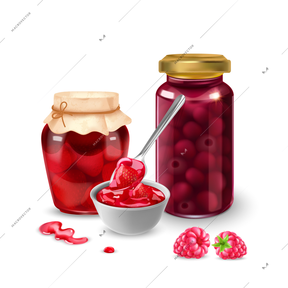 Realistic jam composition with two glass cans and plate with spoon jam spots and raspberry images vector illustration