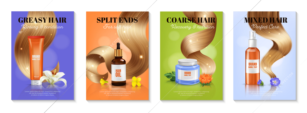 Realistic curls female hair poster set with vertical backgrounds shiny coils and cosmetic products with text vector illustration