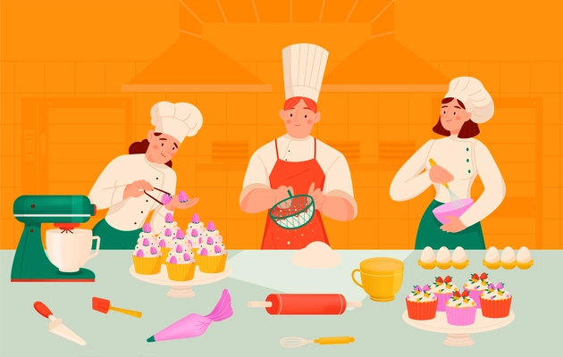 Confectioner chef composition with team of cartoon style cook characters making cupcakes from flour and dough vector illustration