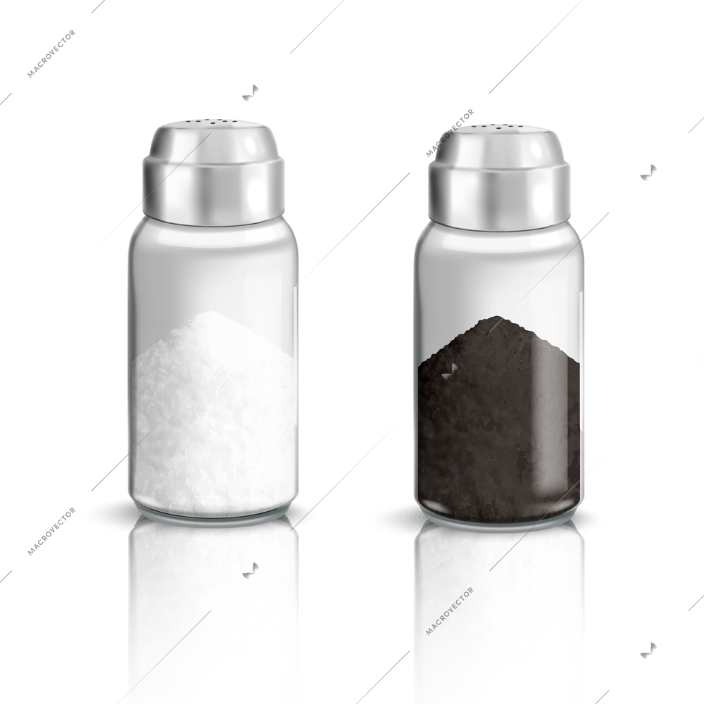 Realistic salt pepper glass shaker set of transparent cellars filled with salt and pepper with shadows vector illustration