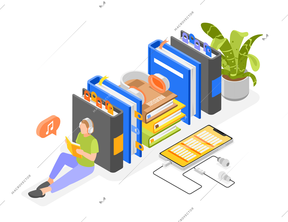 Audio books isometric composition with isolated view of books in row with listening guy in headphones vector illustration