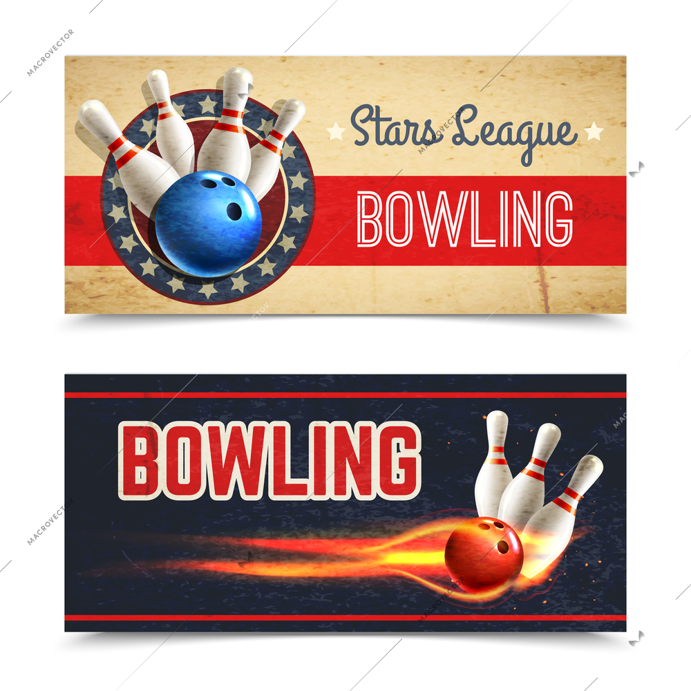 Bowling horizontal banner set with game pins and ball in fire isolated vector illustration