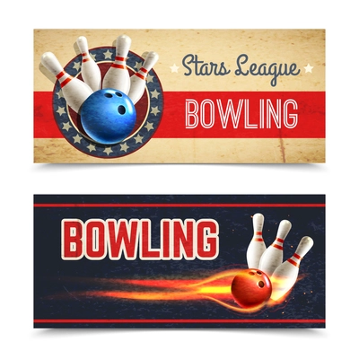 Bowling horizontal banner set with game pins and ball in fire isolated vector illustration