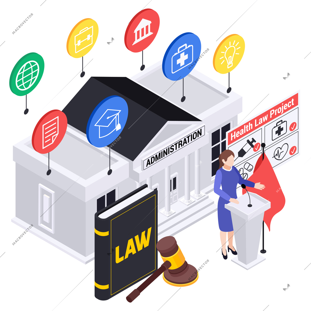 Politicians lawmakers isometric composition with circle icons pointing to classic court building with gavel and tribune vector illustration
