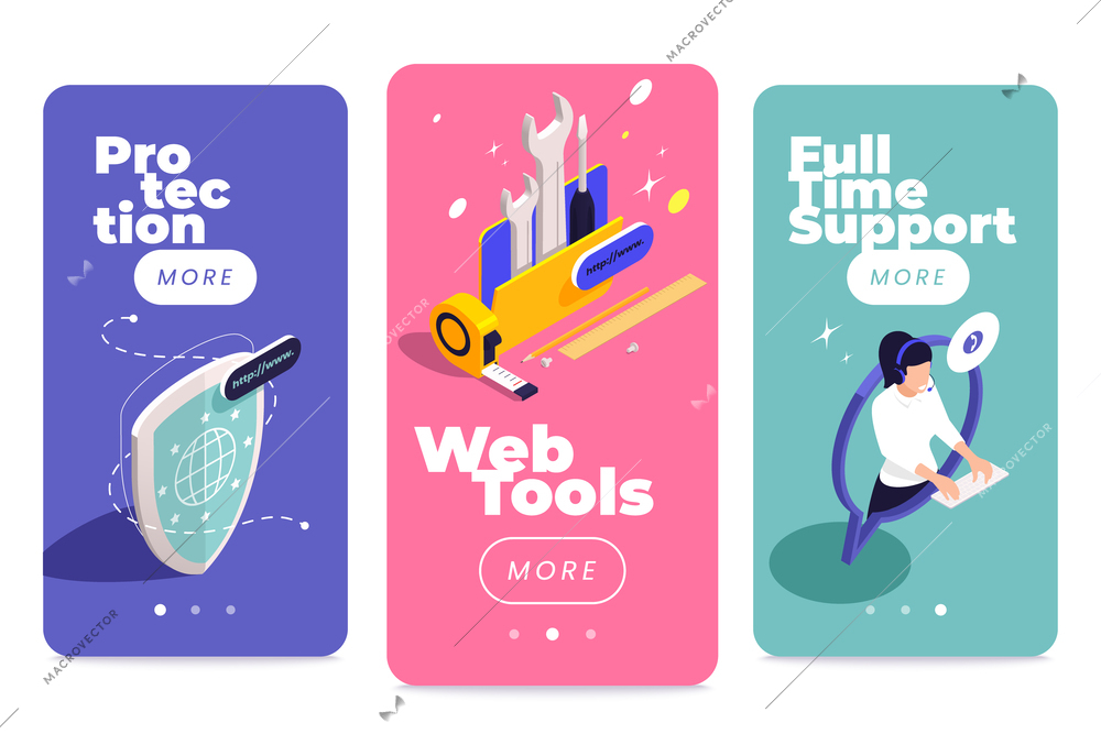 Web hosting icons isometric set of three vertical mobile app banners with buttons and page switches vector illustration