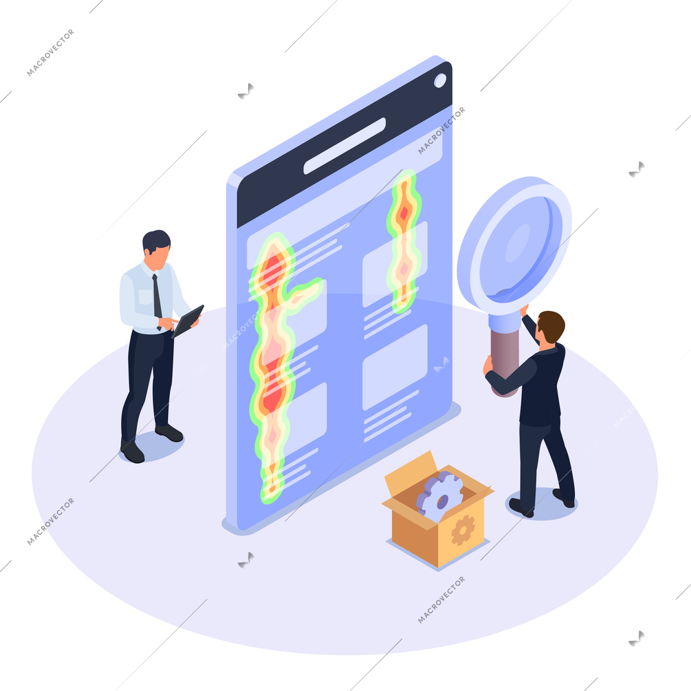 Seo search engine optimization isometric composition with icons of gear holographic screen and two male characters vector illustration