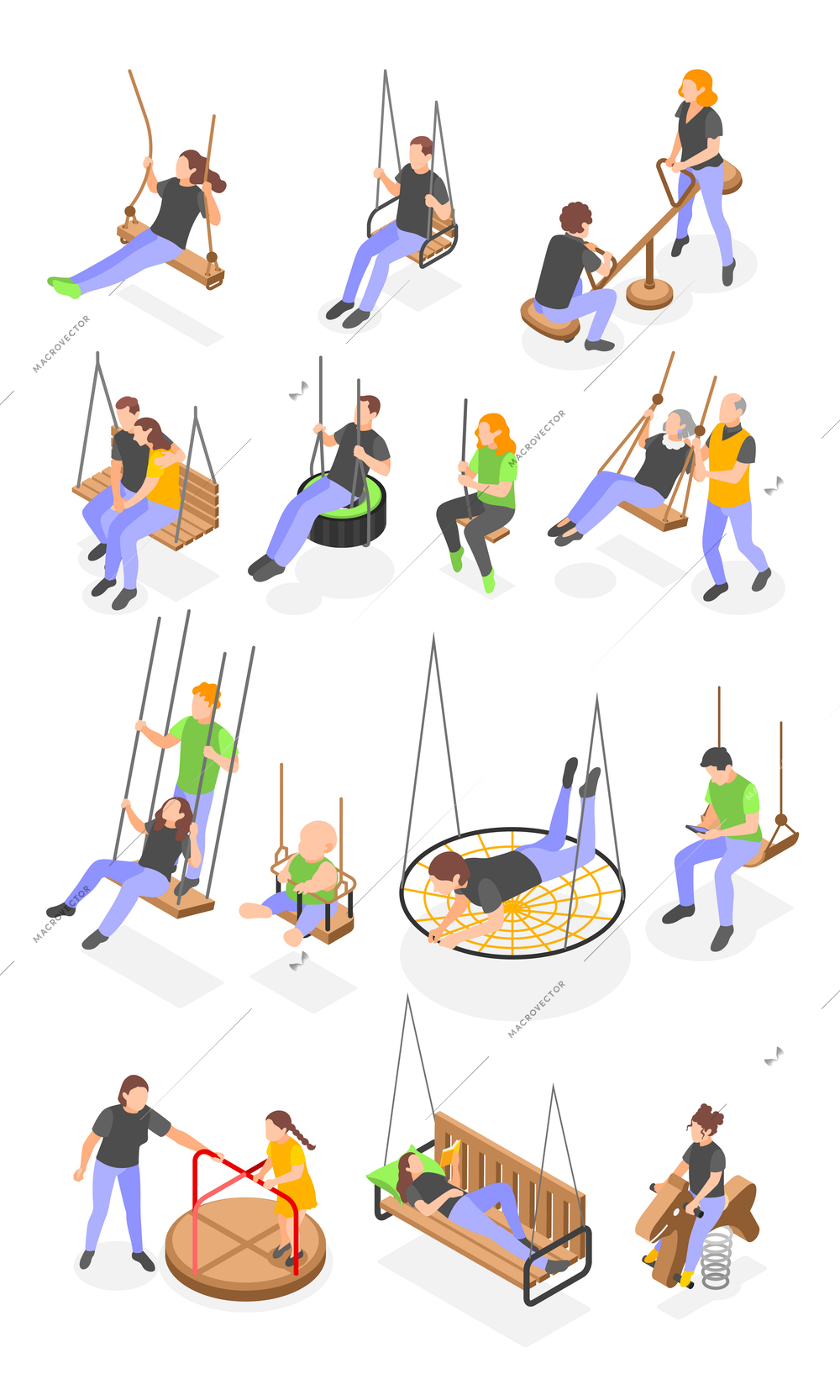 People of different ages swinging on various types of swings isometric icons set isolated vector illustration