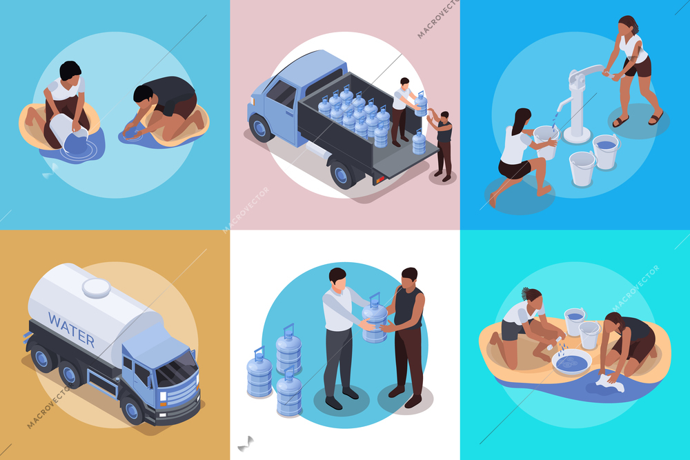 Water scarcity isometric design concept with volunteers distributing gallons from truck and pumping drinking water vector illustration