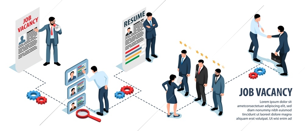 Job vacancy isometric infographics with people offering their skills and hr managers making choice of applicants vector illustration