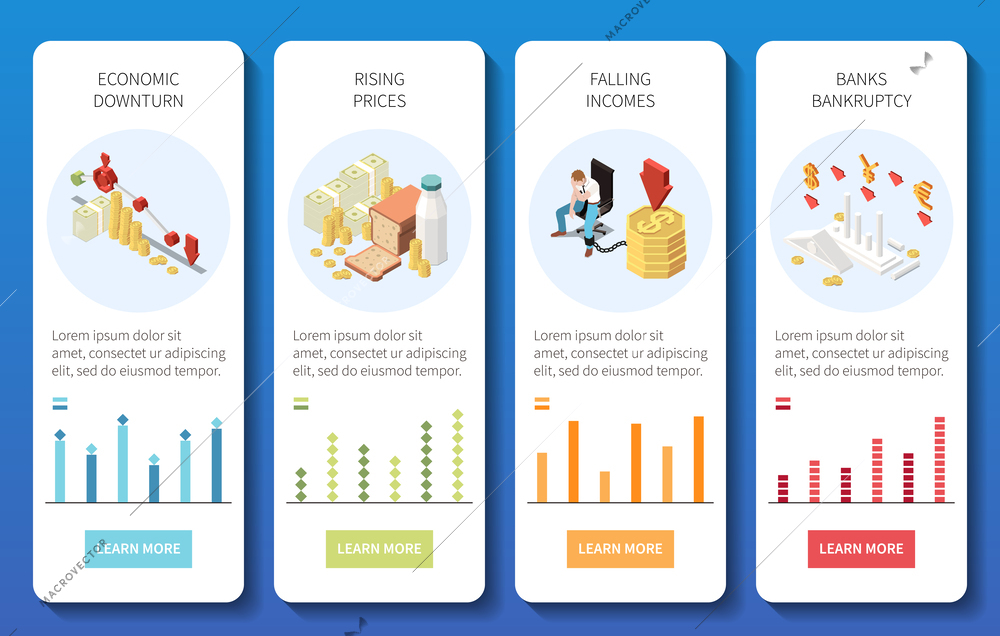 Inflation recession financial economic crisis downfall isometric set with vertical banners with text and clickable buttons vector illustration