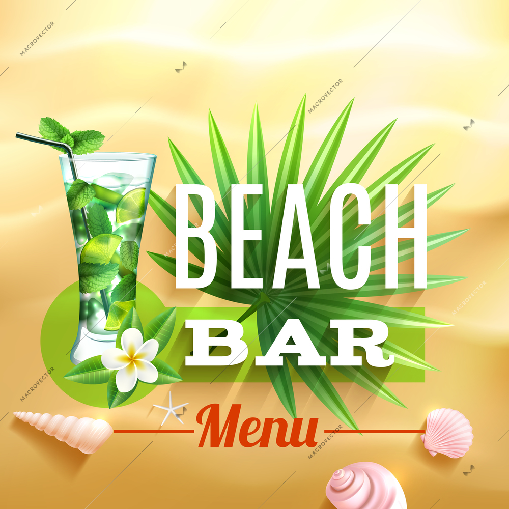 Tropical design poster with mojito cocktail glass palm leaf and seashell on beach sand background vector illustration