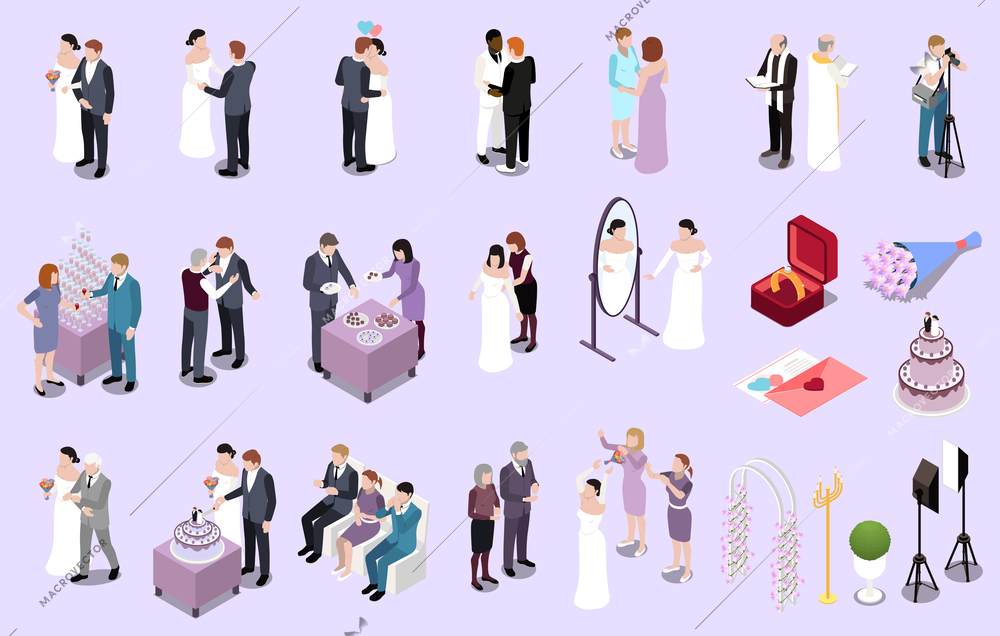 Wedding ceremony marriage isometric set with isolated human characters of guests groom and bride with flowers vector illustration