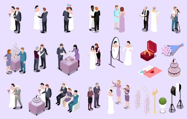 Wedding ceremony marriage isometric set with isolated human characters of guests groom and bride with flowers vector illustration