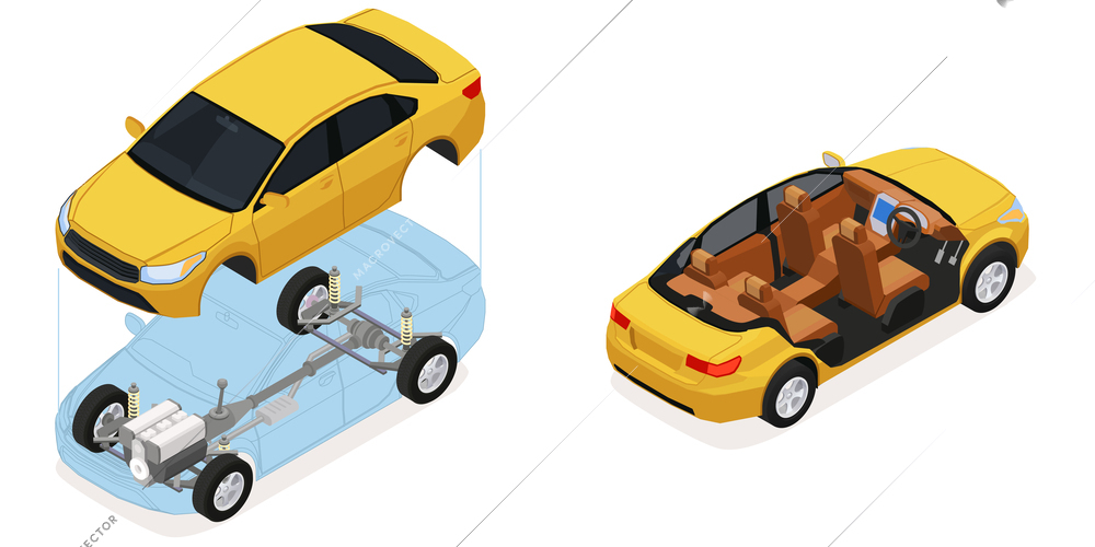 Car parts spares isometric composition with set of two profile view images of automobile in pieces vector illustration