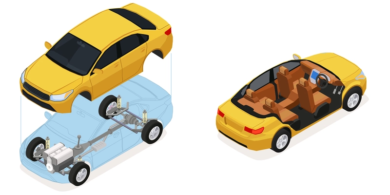 Car parts spares isometric composition with set of two profile view images of automobile in pieces vector illustration