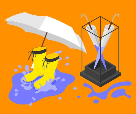 Rainy day isometric background with composition of umbrella box waterproof boots images and puddles of water vector illustration