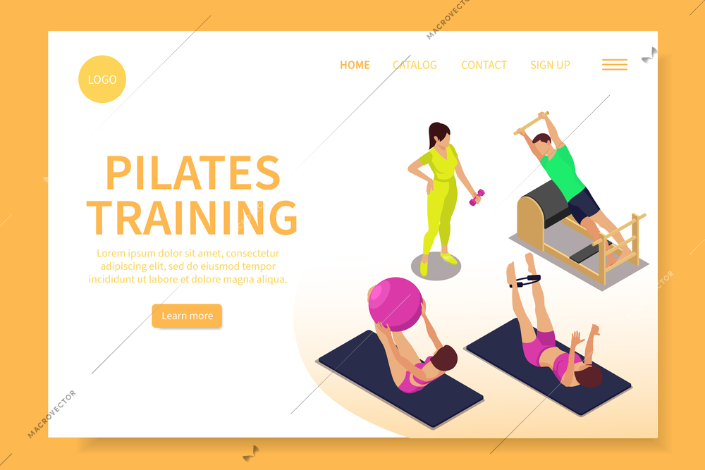 Pilates isometric web site landing page with human characters clickable links buttons logo and editable text vector illustration