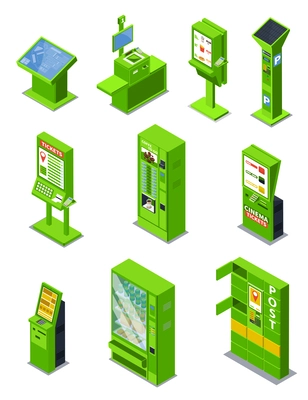 Self service isometric set with isolated icons of postal ticketing parking self checkout and vending machines vector illustration