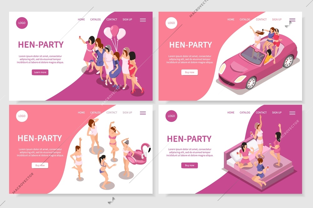 Bachelorette party hen party set of website landing pages with isometric images and clickable text links vector illustration