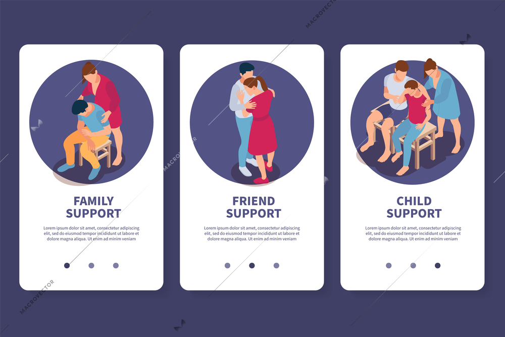 People support isometric set of three vertical banners with page switch buttons text and round compositions vector illustration