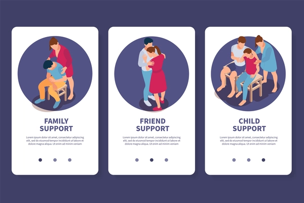 People support isometric set of three vertical banners with page switch buttons text and round compositions vector illustration