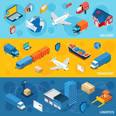 Logistics banner horizontal set with delivery and transport isometric elements isolated vector illustration