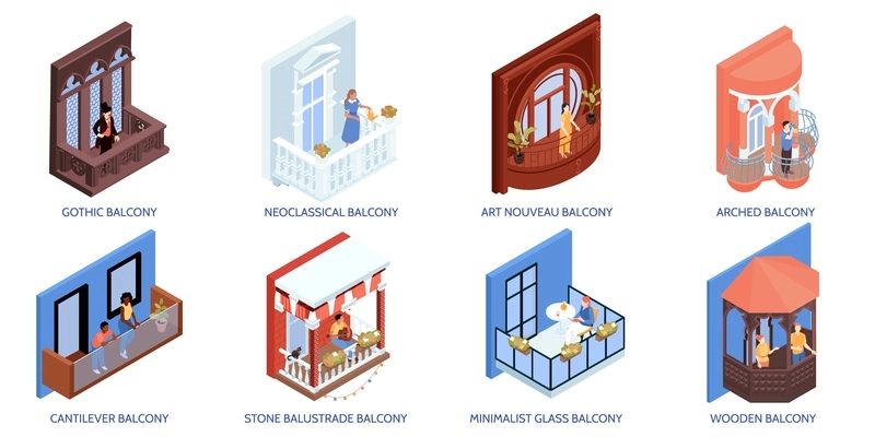 Set with isolated house facade compositions of isometric icons with text captions and views of balconies vector illustration