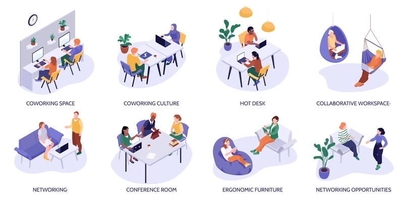 Isometric freelancer set with isolated compositions of working spaces text captions and characters of remote workers vector illustration