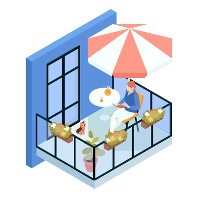 Isometric house facade composition with isolated view of open balcony with women drinking tea under umbrella vector illustration