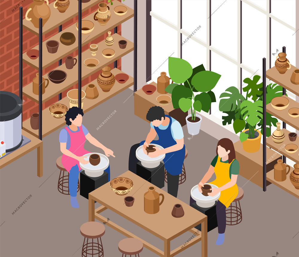 Master class workshop group learning practice isometric composition with loft interior and three potters making jars vector illustration