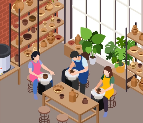 Master class workshop group learning practice isometric composition with loft interior and three potters making jars vector illustration