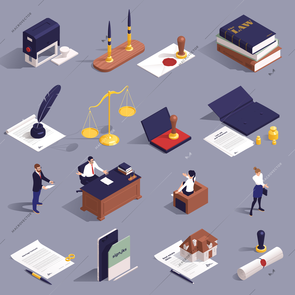 Notary services isometric icons set with seals ink documents contracts characters of notaries isolated on grey background vector illustration